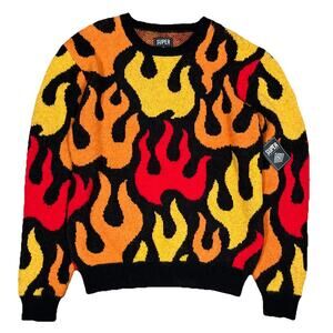 Super Massive Flame Print Sweater Size‎ Large Y2K Skater Streetwear NWT Acrylic